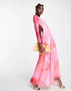 Платье макси с длинными рукавами Topshop, сочетание розового и красного акварельного цвета