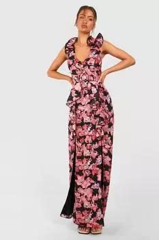 Платье макси с фактурным цветочным вырезом и кольцом boohoo, розовый