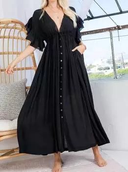 Платье макси с глубоким V-образным вырезом и оборками черного цвета Sweet Lovely by Jen