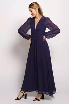 Платье макси с глубоким вырезом и длинными рукавами Cutie London, темно-синий