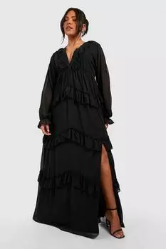 Платье макси с глубоким вырезом и оборками Plus boohoo, черный