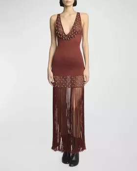 Платье макси с глубоким вырезом и бахромой, связанное крючком и бисером Rabanne, цвет Cherry