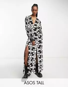 Платье макси с глубоким вырезом и крыльями летучей мыши ASOS DESIGN Tall с монохромным абстрактным принтом