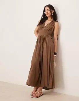 Платье макси с глубоким вырезом и кружевом ASOS DESIGN шоколадного цвета