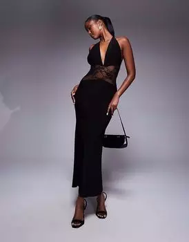 Платье макси с глубоким вырезом и кружевными вставками ASOS DESIGN черного цвета