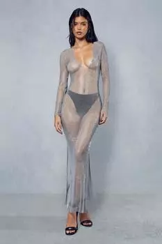 Платье макси с глубоким вырезом в сеточку Premium Diamante MISSPAP, серый