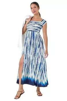 Платье макси с гофрированной отделкой и принтом тай-дай Roman, синий