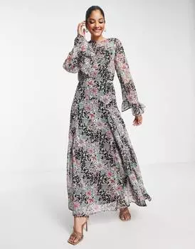 Платье макси с гофрированными рукавами ASOS DESIGN и цветочным принтом ASOS DESIGN