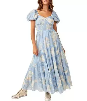 Платье макси с короткими рукавами и пышными рукавами Free People с цветочным принтом и вырезом в форме сердца, синий