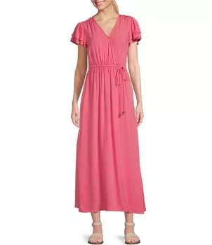 Платье макси с короткими рукавами и искусственным запахом Westbound с двойным флаттером, розовый