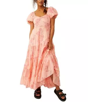 Платье макси с короткими рукавами и пышными рукавами Free People с цветочным принтом и вырезом в форме сердца, розовый