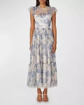 Платье макси с короткими рукавами и пайетками, цветочной вышивкой Shoshanna, цвет Beigelight Bluenavy