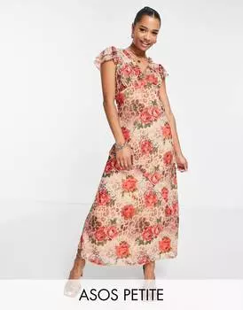 Платье макси с короткими рукавами и оборками ASOS DESIGN Petite с леопардовым принтом и розами ASOS DESIGN Petite