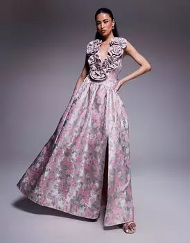 Платье макси с корсажем и заниженной талией из жаккарда ASOS LUXE с мелким цветочным принтом