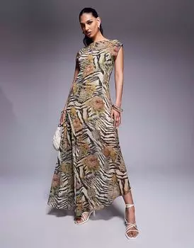 Платье макси с косым вырезом и талией ASOS DESIGN с цветочным принтом и животными узорами