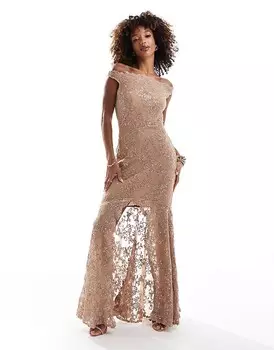 Платье макси с кружевным краем и фестонами Goddiva цвета шампанского