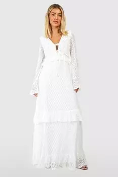 Платье макси с кружевными присборками и рюшами boohoo, белый