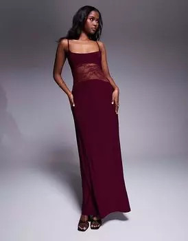 Платье макси с кружевными вставками ASOS DESIGN бордового цвета