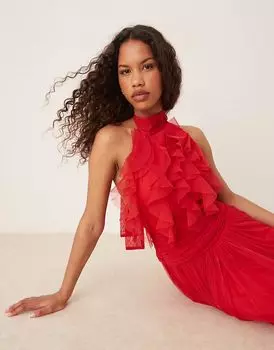 Платье макси с кружевом и бусинами, водопадом и оборками, красного цвета Lace & Beads