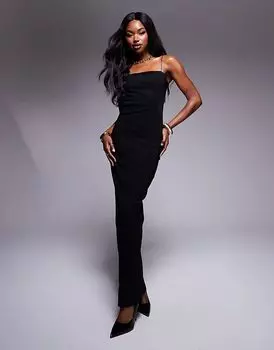 Платье макси с квадратным вырезом на тонких бретелях черного цвета Vesper