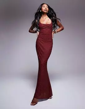 Платье макси с квадратным вырезом, отделкой пайетками hotfix, со шнуровкой сзади, винного цвета ASOS DESIGN