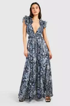 Платье макси с леопардовым принтом и рюшами boohoo, коричневый