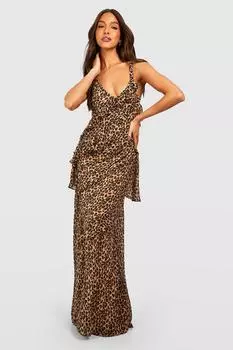 Платье макси с леопардовым шифоном и рюшами Boohoo, коричневый