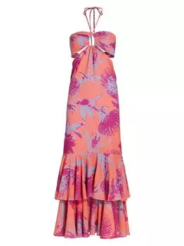Платье макси с оборками и цветочным принтом No Pise La Grama, коралловый
