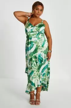 Платье макси с оборками и принтом зеленый мрамор Curve QUIZ Clothing