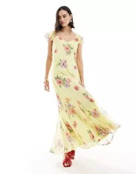 Платье макси с оборками и рукавами Vero Moda с лимонным цветочным принтом