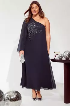 Платье макси с одним плечом и отделкой Curve Friends Like These, синий