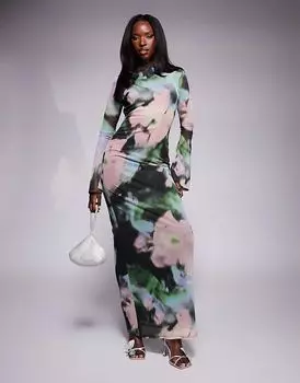 Платье макси с открытой спиной, цветочным принтом и рукавами-ангелами в зеленом абстрактном стиле ASOS DESIGN