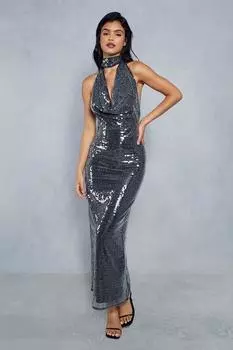 Платье макси с открытой спиной и воротником-колье с пайетками MISSPAP, черный