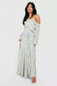 Платье макси с открытой спиной и асимметричным цветочным принтом Petite boohoo, синий