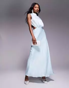 Платье макси с открытой спиной и высоким воротом цвета морской волны Bardot