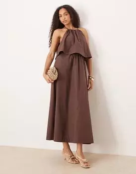 Платье макси с открытой спиной и завязками на шее ASOS DESIGN двухслойного шоколадного цвета