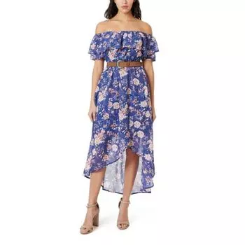 Платье макси с открытыми плечами, асимметричным подолом и поясом для юниоров Wallflower, цвет skipper blue floral