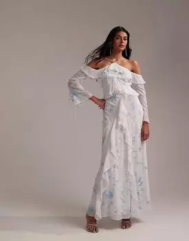 Платье макси с открытыми плечами и оборками ASOS DESIGN Bridesmaids светло-голубого цвета