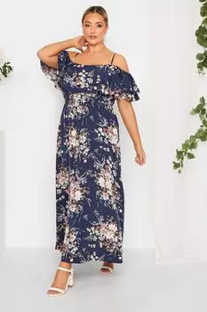 Платье макси с открытыми плечами и цветочным принтом Лондон Yours, синий