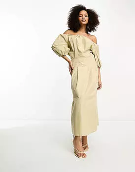 Платье макси с открытыми плечами и открытыми плечами из чистого хлопка ASOS DESIGN нейтрального цвета