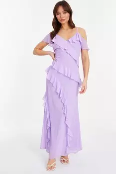 Платье макси с открытыми плечами из сиреневого шифона и оборками QUIZ Clothing