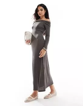 Платье макси с открытыми плечами из трикотажного рибана темно-серого цвета Vero Moda
