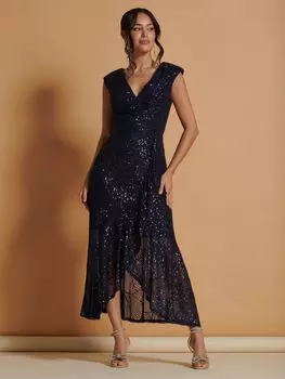 Платье макси с пайетками и рюшами по подолу Jolie Moi, темно-синий