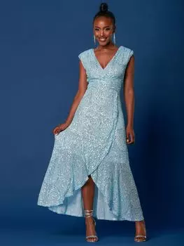 Платье макси с пайетками и рюшами по подолу Jolie Moi, светло-синий