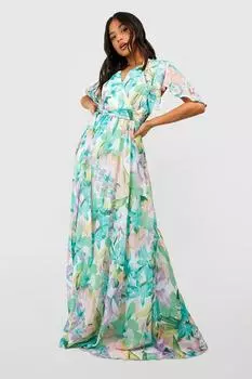 Платье макси с пастельным цветочным рукавом и брязками ангела Boohoo, мятный