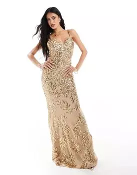 Платье макси с перекрещивающимися сзади бретельками и стразами в золотом цвете Goddiva