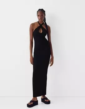 Платье макси с перекрещивающимся вырезом Bershka, черный