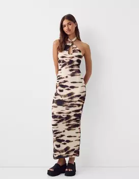 Платье макси с перекрещивающимся вырезом Bershka, бежевый