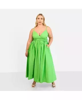 Платье макси с плиссированной юбкой из поплина Kismet больших размеров с поясом Rebdolls, зеленый