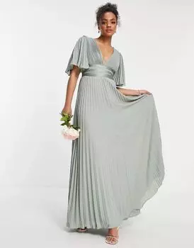 Платье макси с плиссированными рукавами и атласной запахом на талии ASOS Bridesmaid